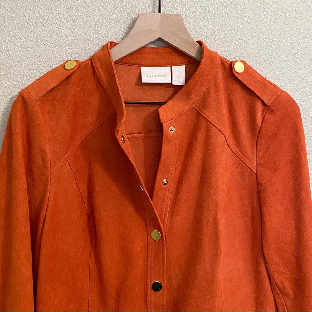 Chico’s Orange Faux Suede Military Inspired Snap Front Jacket - Medium - Picture 2 of 12
